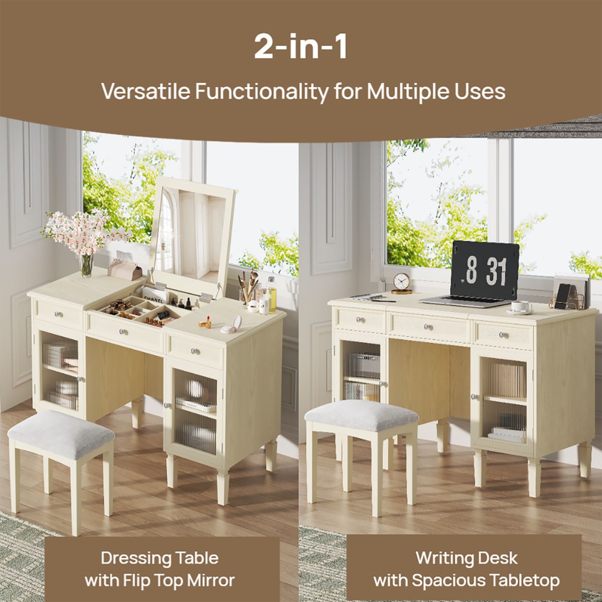 2-in-1 Flip-Top Mirror Vanity Desk and Stool — view 4