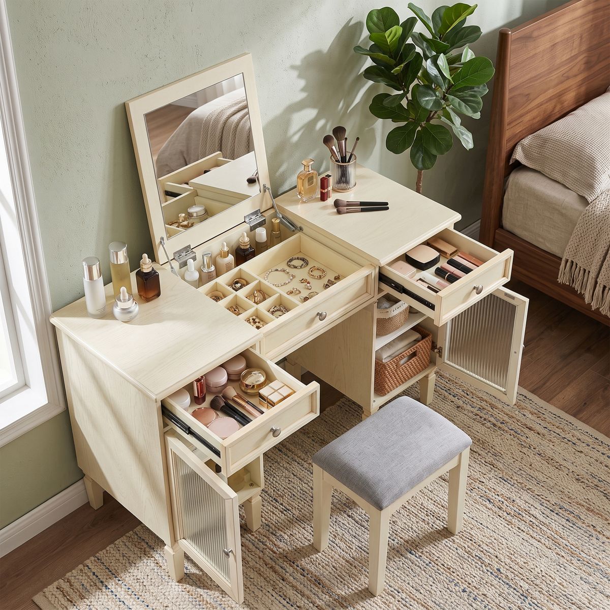 2-in-1 Flip-Top Mirror Vanity Desk and Stool