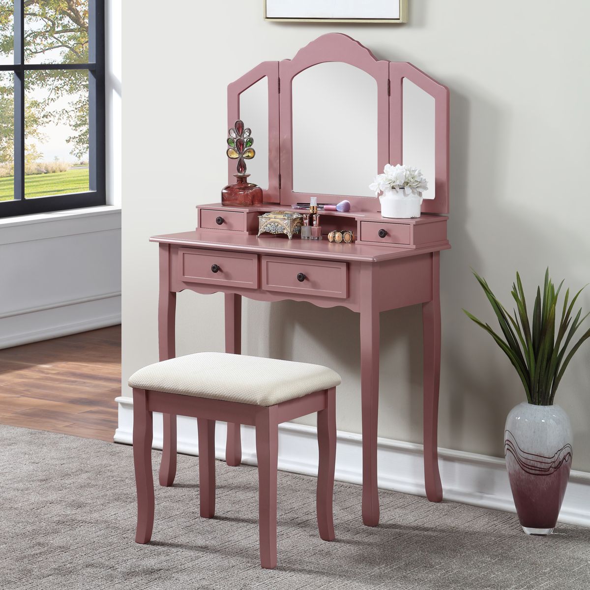 Wood Vanity Set with Three-Panel Mirror — view 2