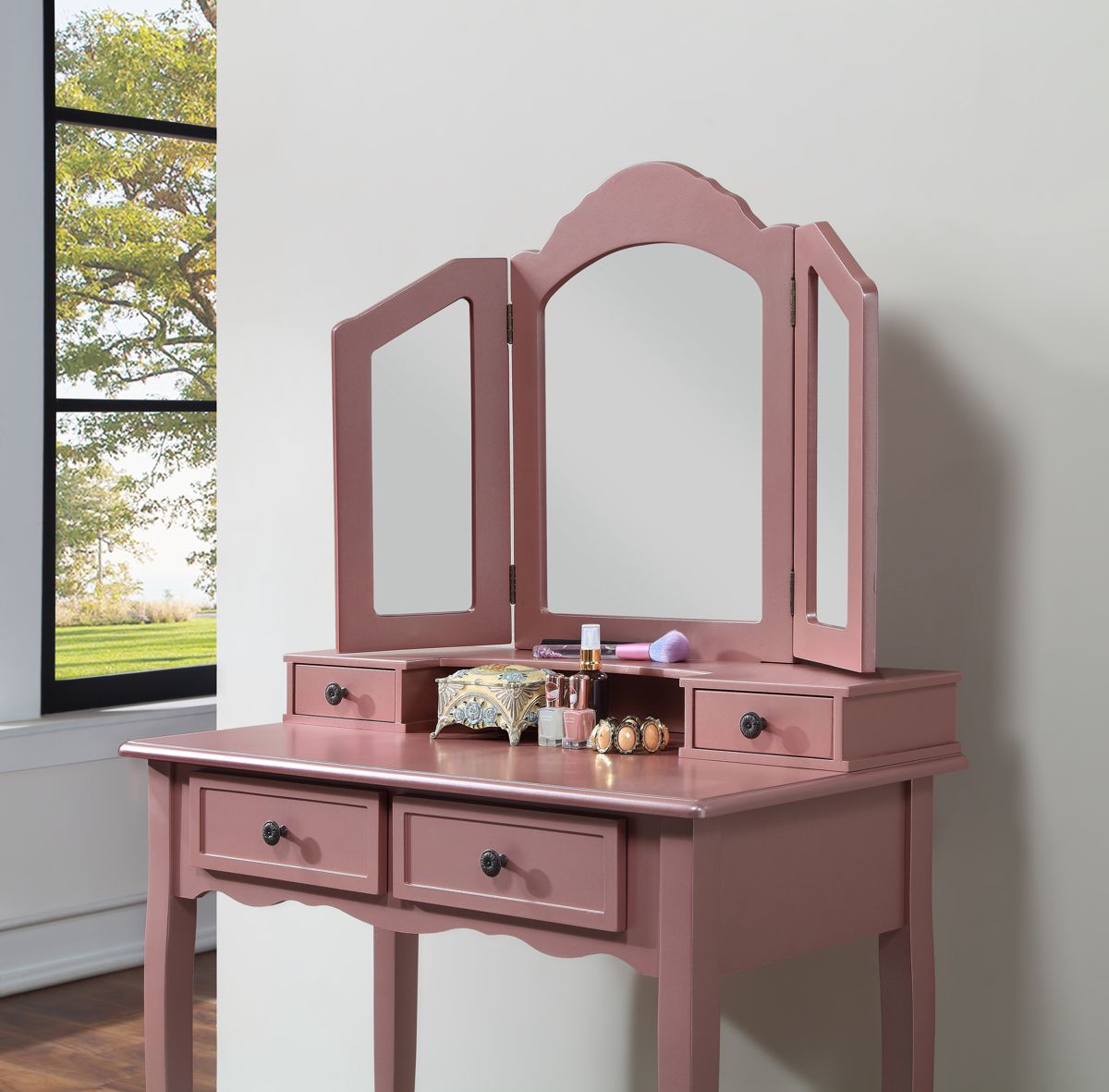 Wood Vanity Set with Three-Panel Mirror — view 3