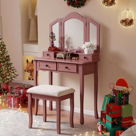 Wood Vanity Set with Three-Panel Mirror