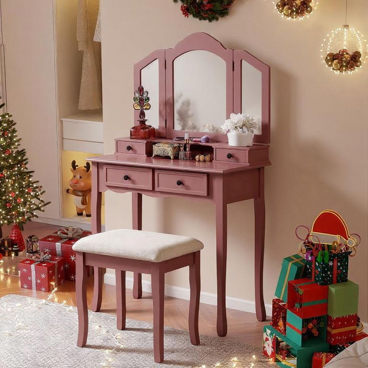 Wood Vanity Set with Three-Panel Mirror
