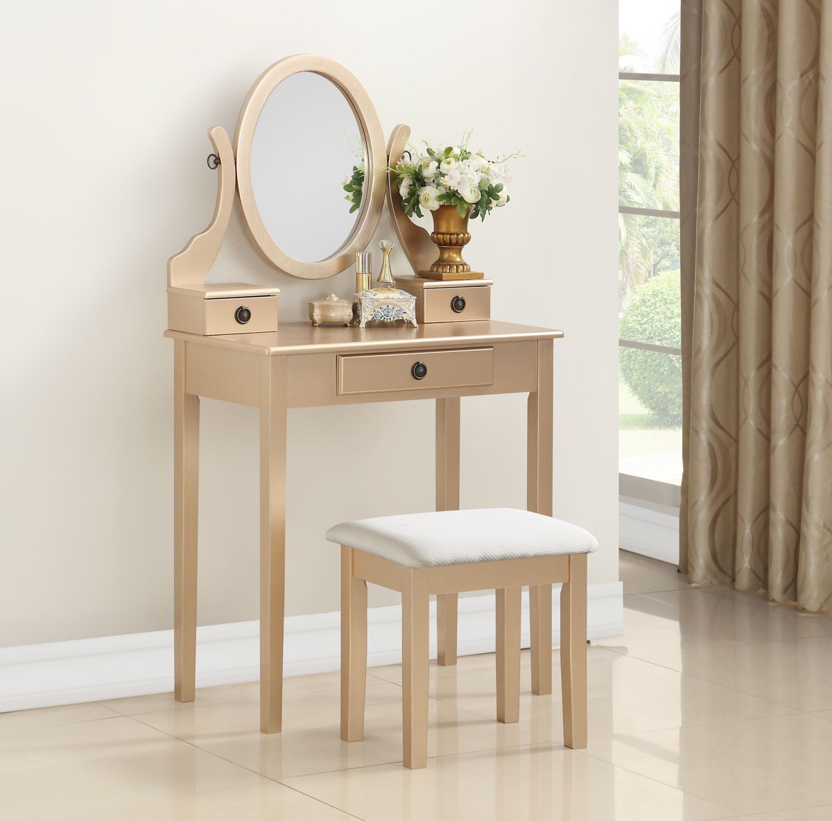 Wood Vanity and Stool Set with Oval Mirror