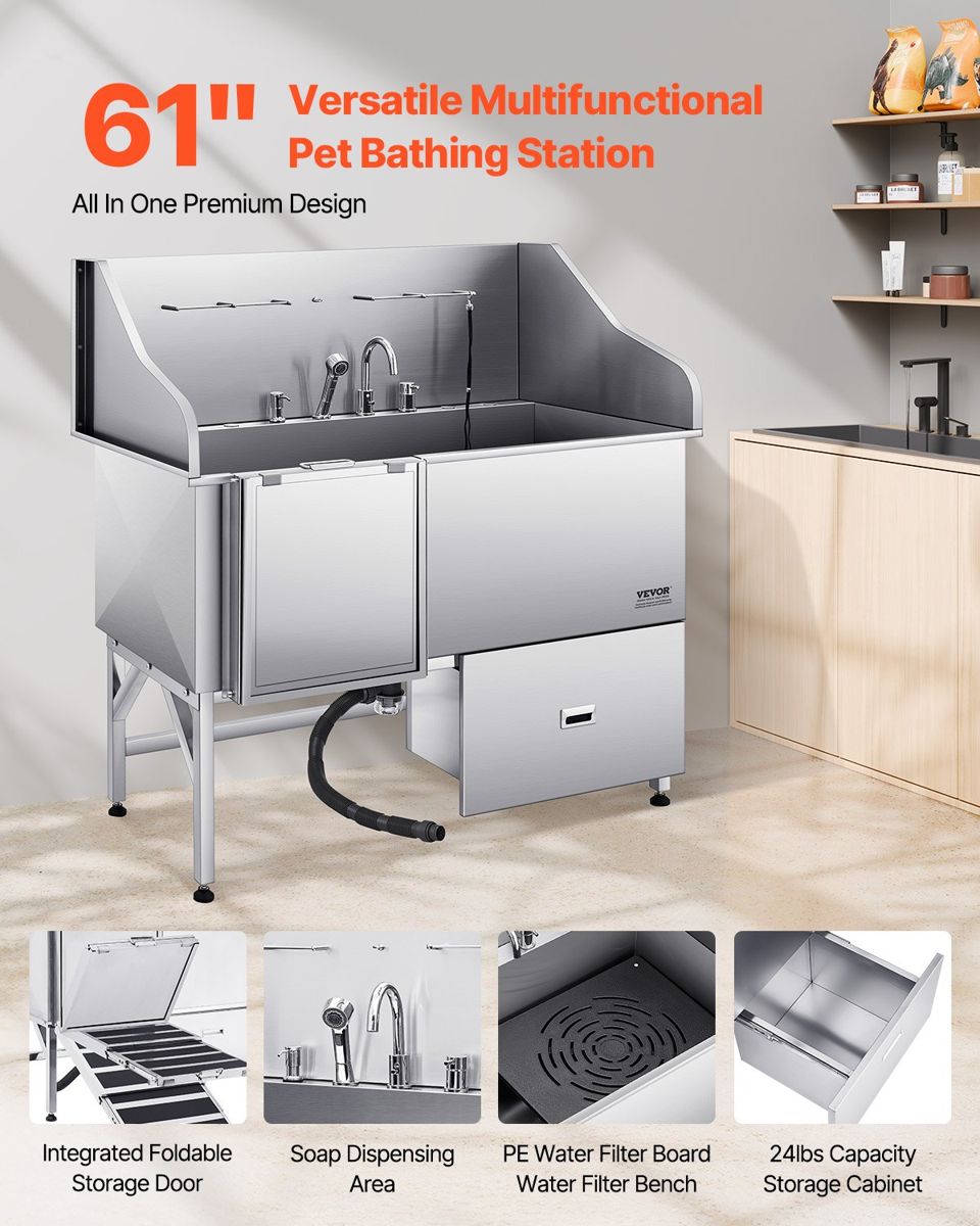 61-Inch Stainless Dog Grooming Tub with Ramp — view 4