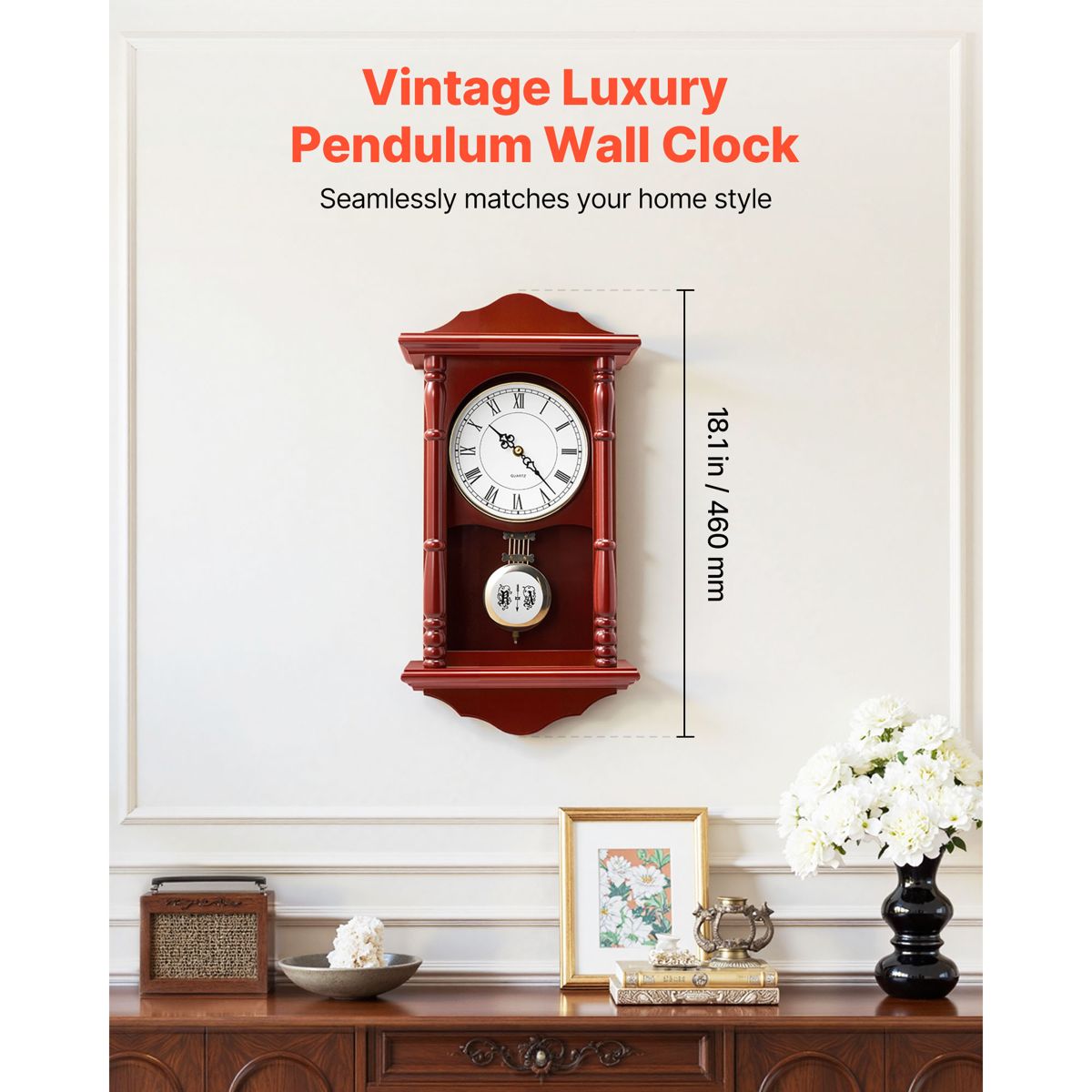 Vintage-Style Pine Pendulum Wall Clock — view 2