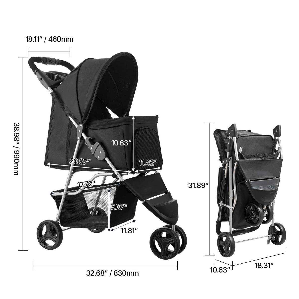 Foldable 3-Wheel Pet Stroller with Brake — view 4