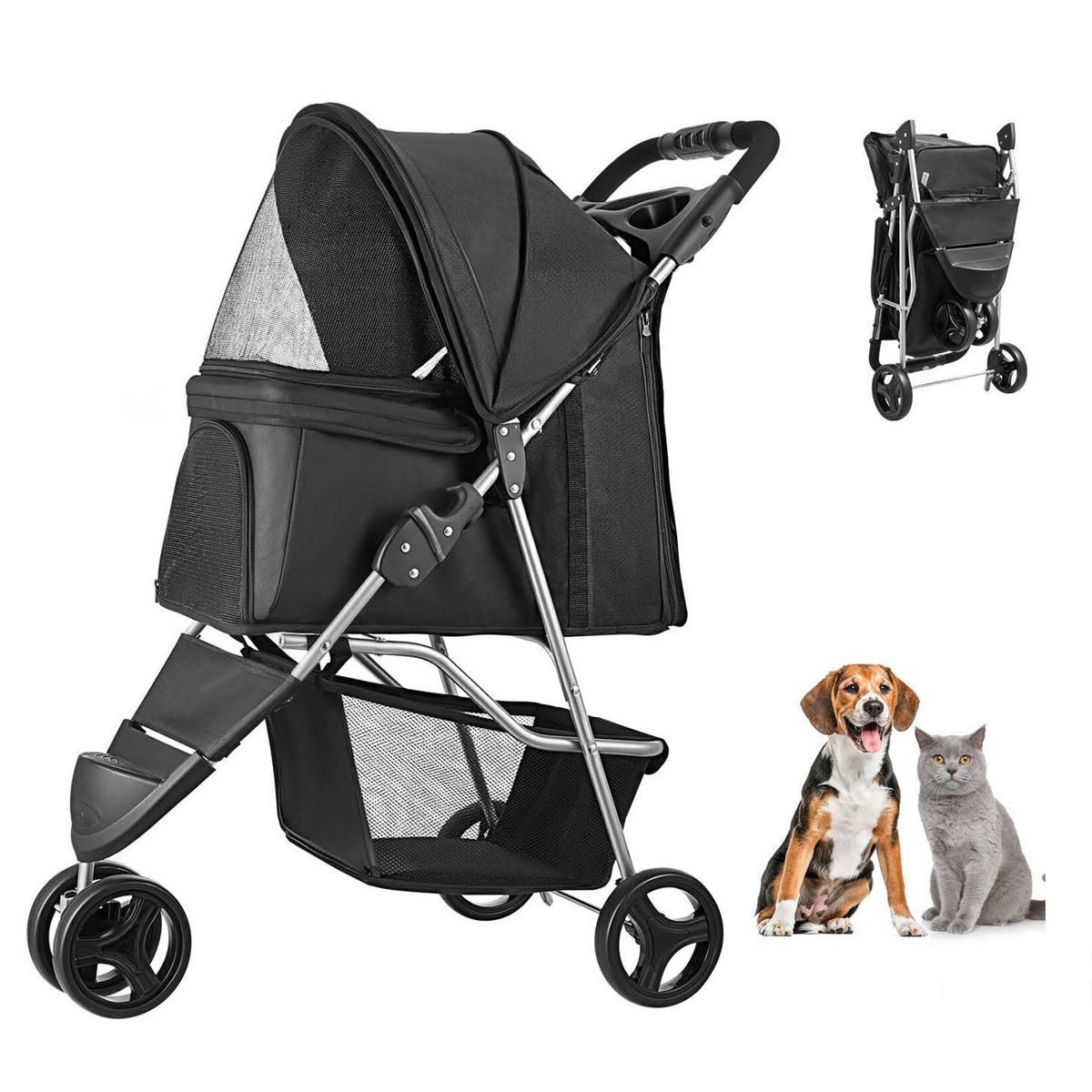 Foldable 3-Wheel Pet Stroller with Brake