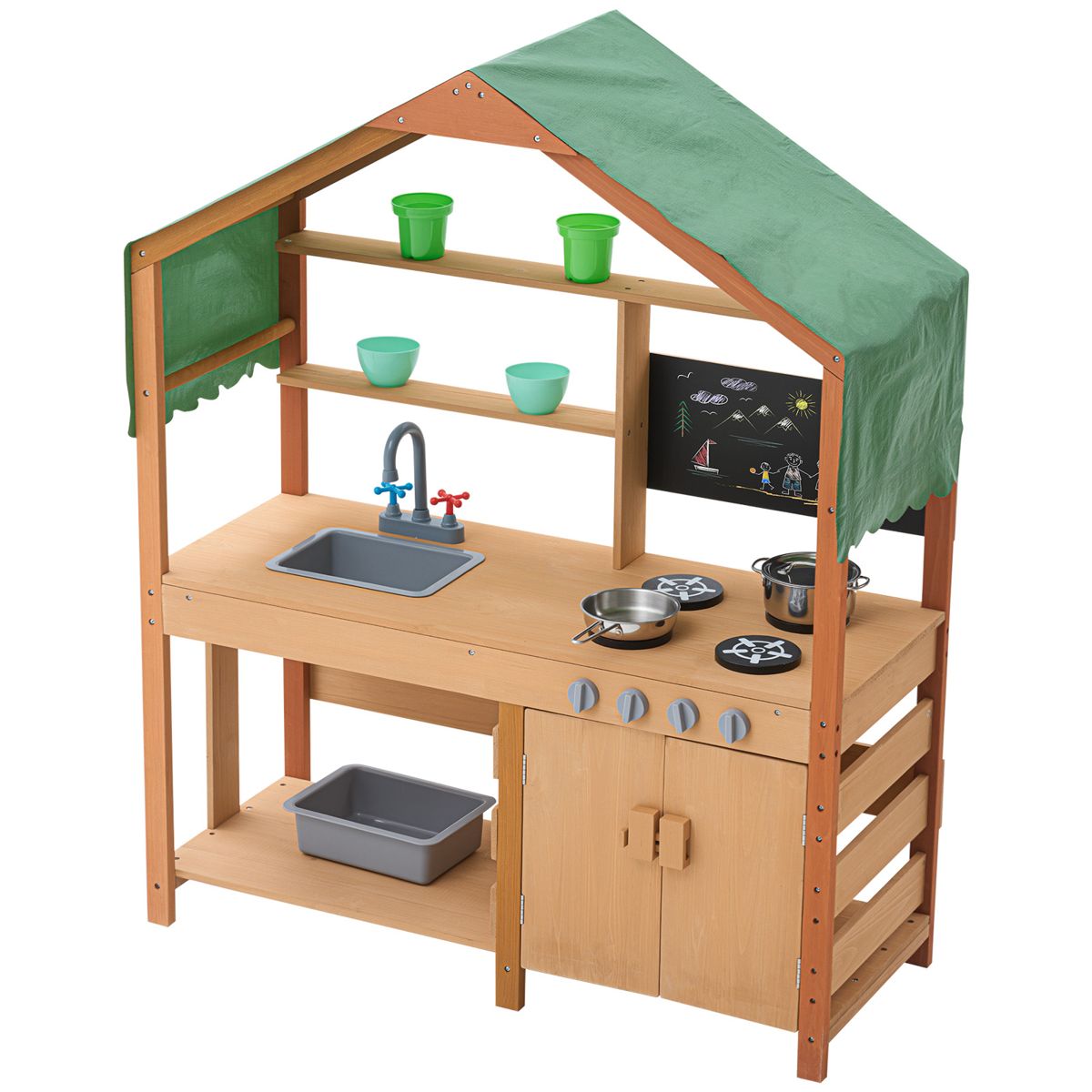 Wooden Mud Kitchen with Striped Canopy — view 4