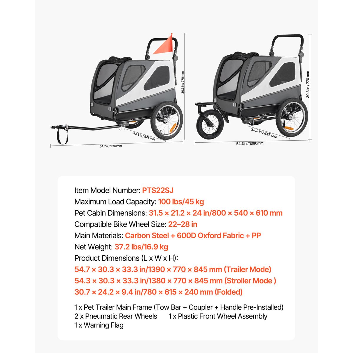 Folding Dog Bike Trailer, 100 lb Capacity — view 3