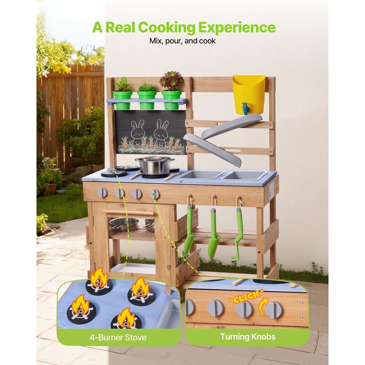 Wooden Mud Kitchen with Stoves and Two Sinks — view 3