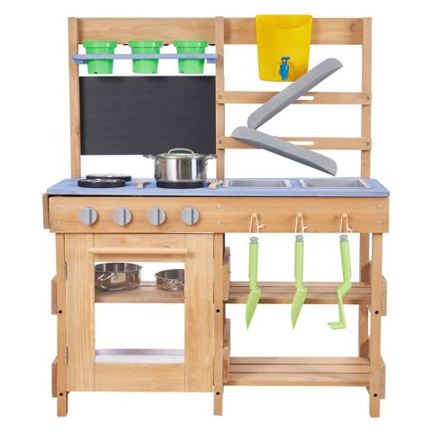 Wooden Mud Kitchen with Stoves and Two Sinks — view 1
