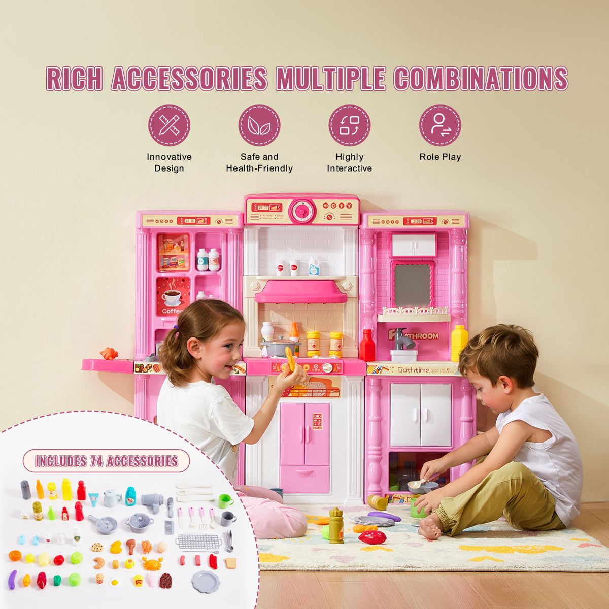 3-in-1 Play Kitchen with 74 Accessories, Pink — view 2
