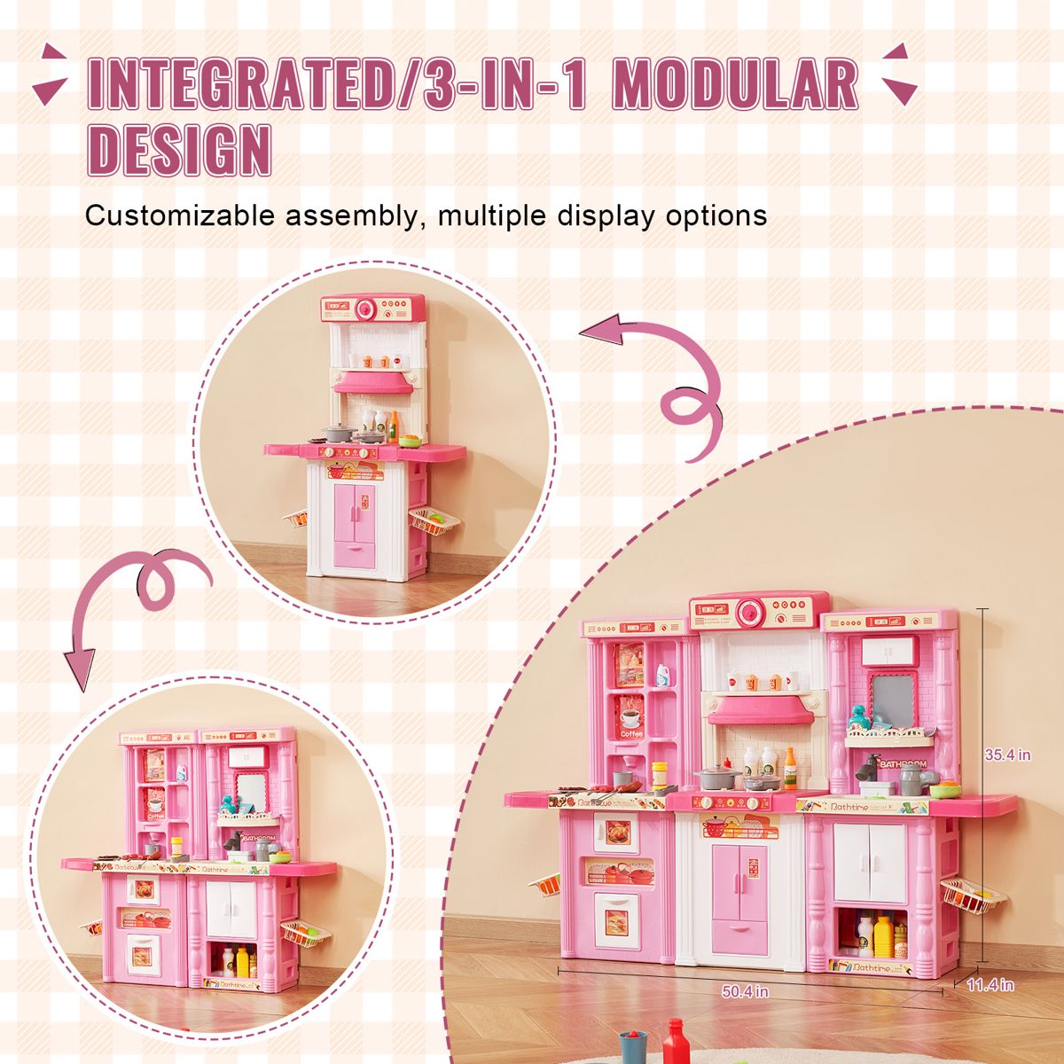 3-in-1 Play Kitchen with 74 Accessories, Pink — view 3