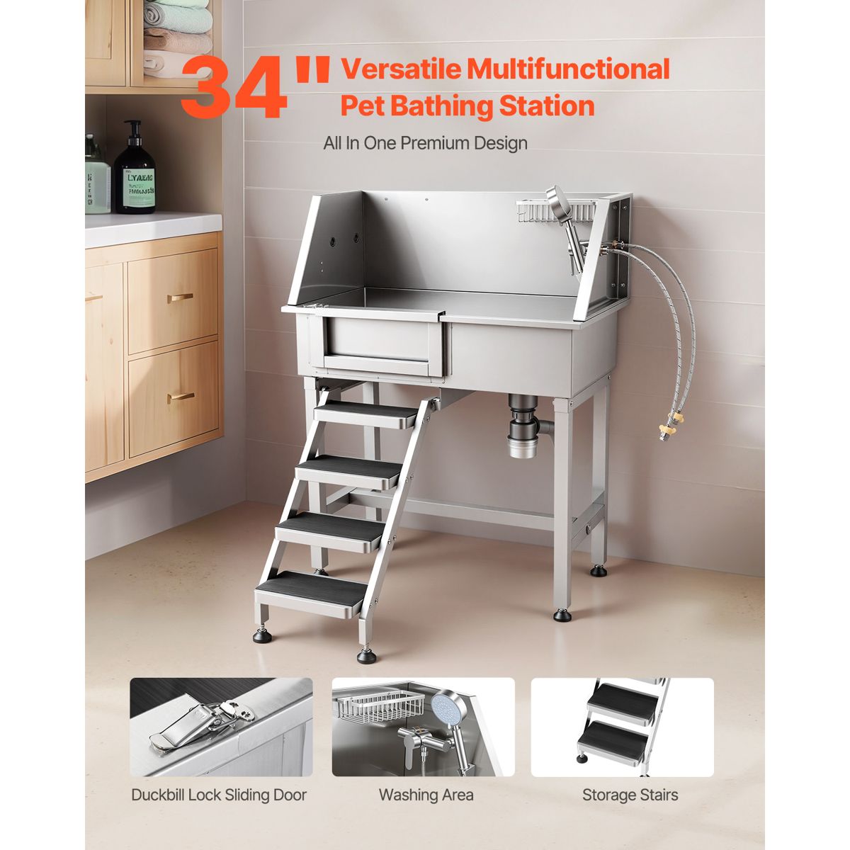 34-Inch Stainless Steel Pet Grooming Tub — view 2