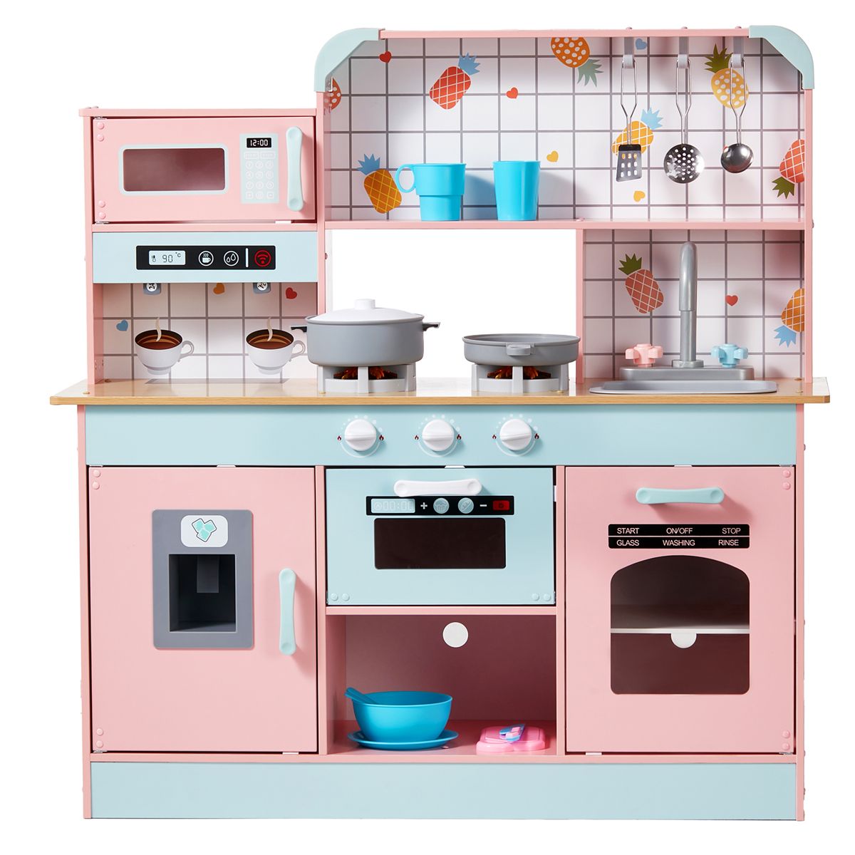 Wooden Play Kitchen with Ice Maker and Toy Fruit