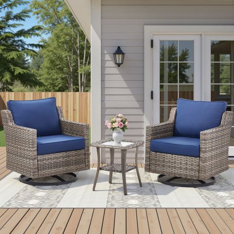 Wicker Swivel Chairs with Side Table, 3-Piece