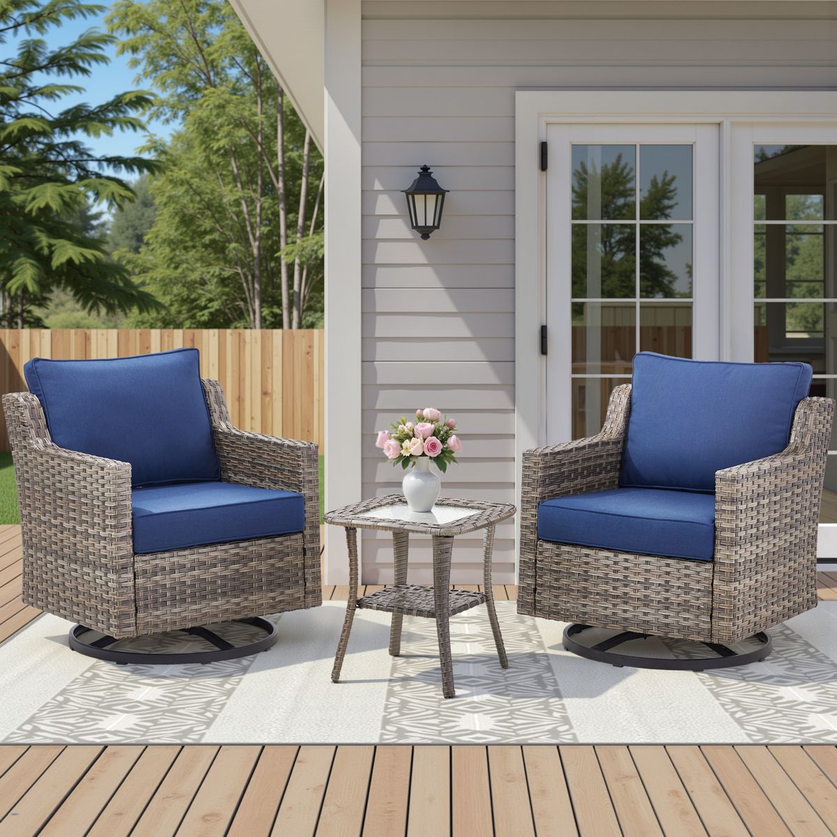 Wicker Swivel Chairs with Side Table, 3-Piece