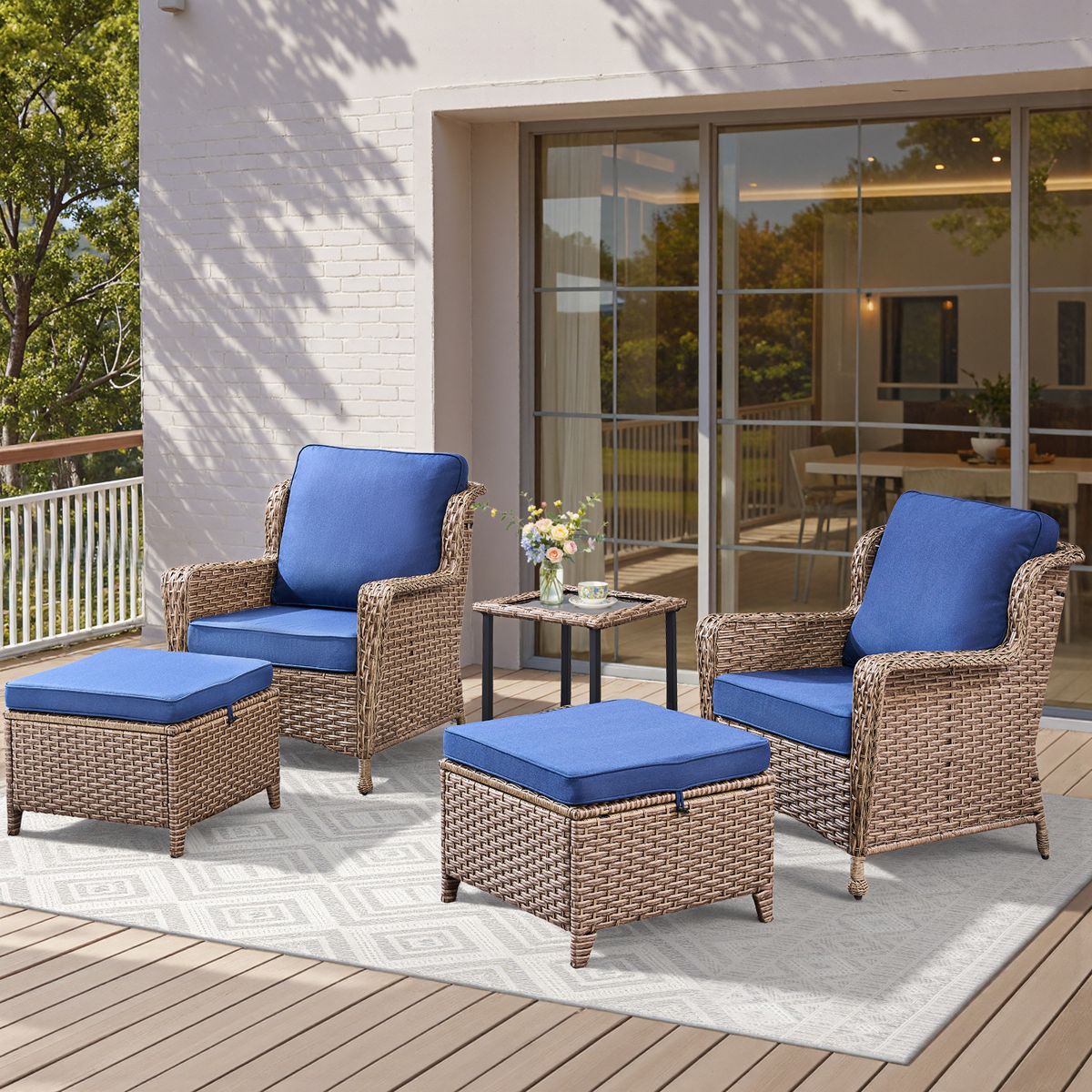 5-Piece Wicker Lounge Chair Set with Ottomans