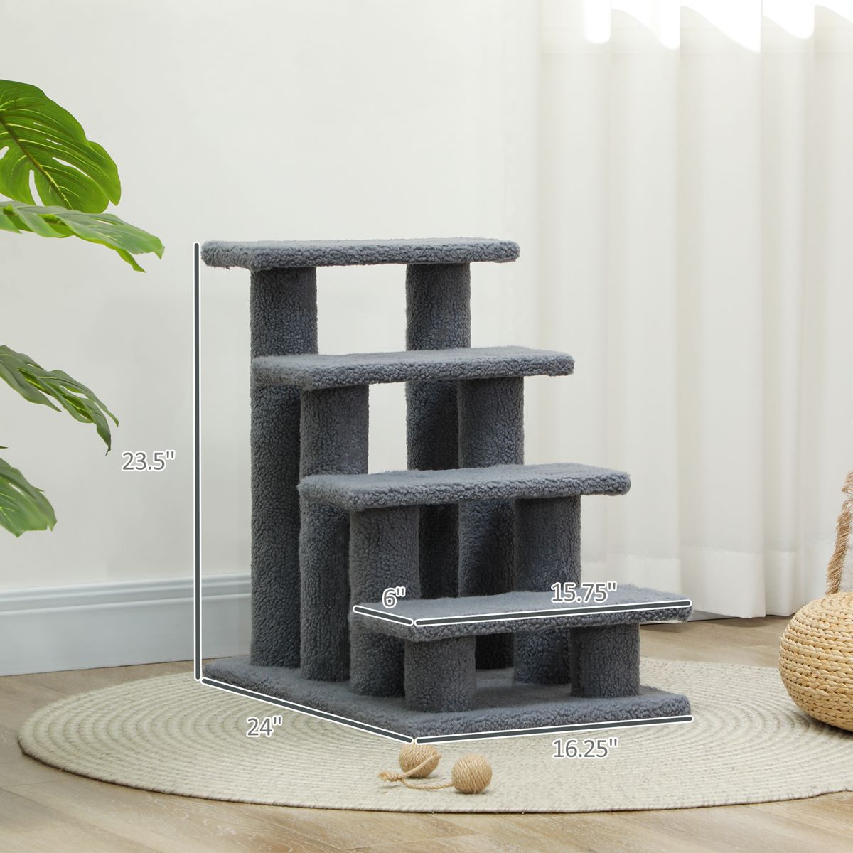 4-Step Carpeted Cat Stairs with 8 Posts, Gray — view 3