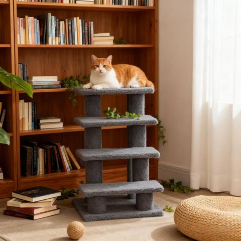 4-Step Carpeted Cat Stairs with 8 Posts, Gray — view 1