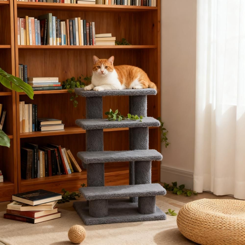 4-Step Carpeted Cat Stairs with 8 Posts, Gray