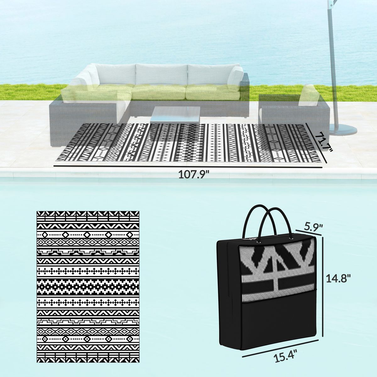 6 x 9 Ft Reversible Outdoor Rug, Black & White — view 3