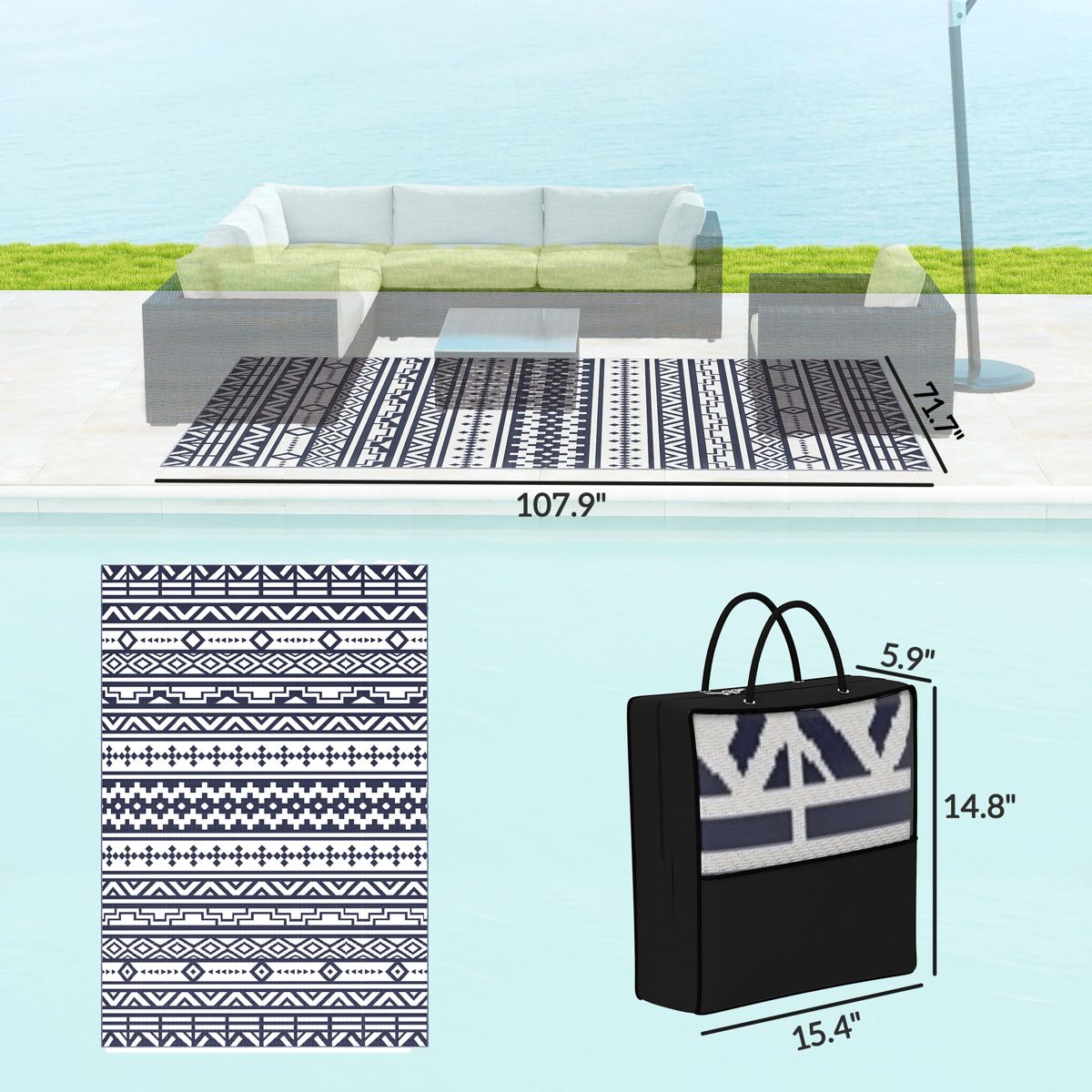 6 x 9-Foot Geometric Outdoor Rug, Blue/White — view 3