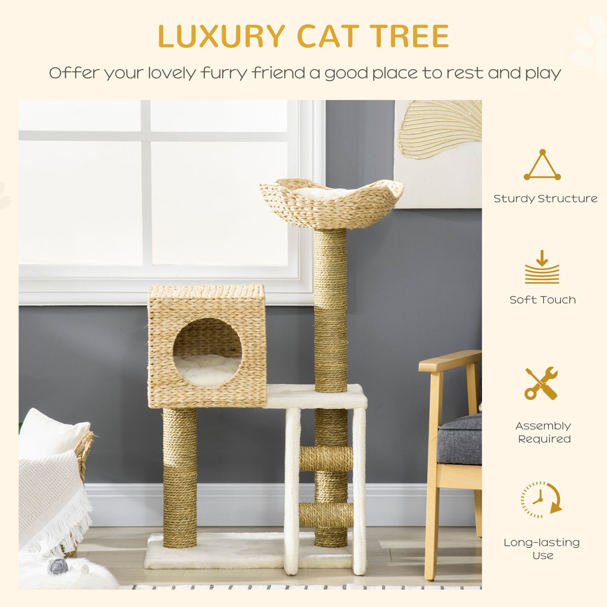 Cattail Weave Cat Tree with Cushioned Bed Cave — view 3