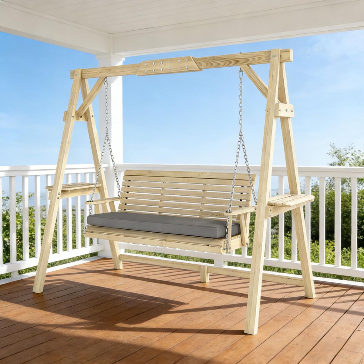 Wooden Porch Swing with Cushion and Side Trays — view 2