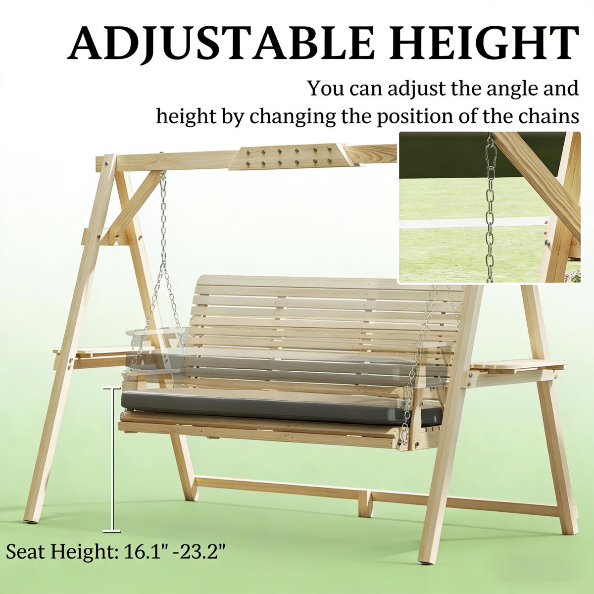 Wooden Porch Swing with Cushion and Side Trays — view 3