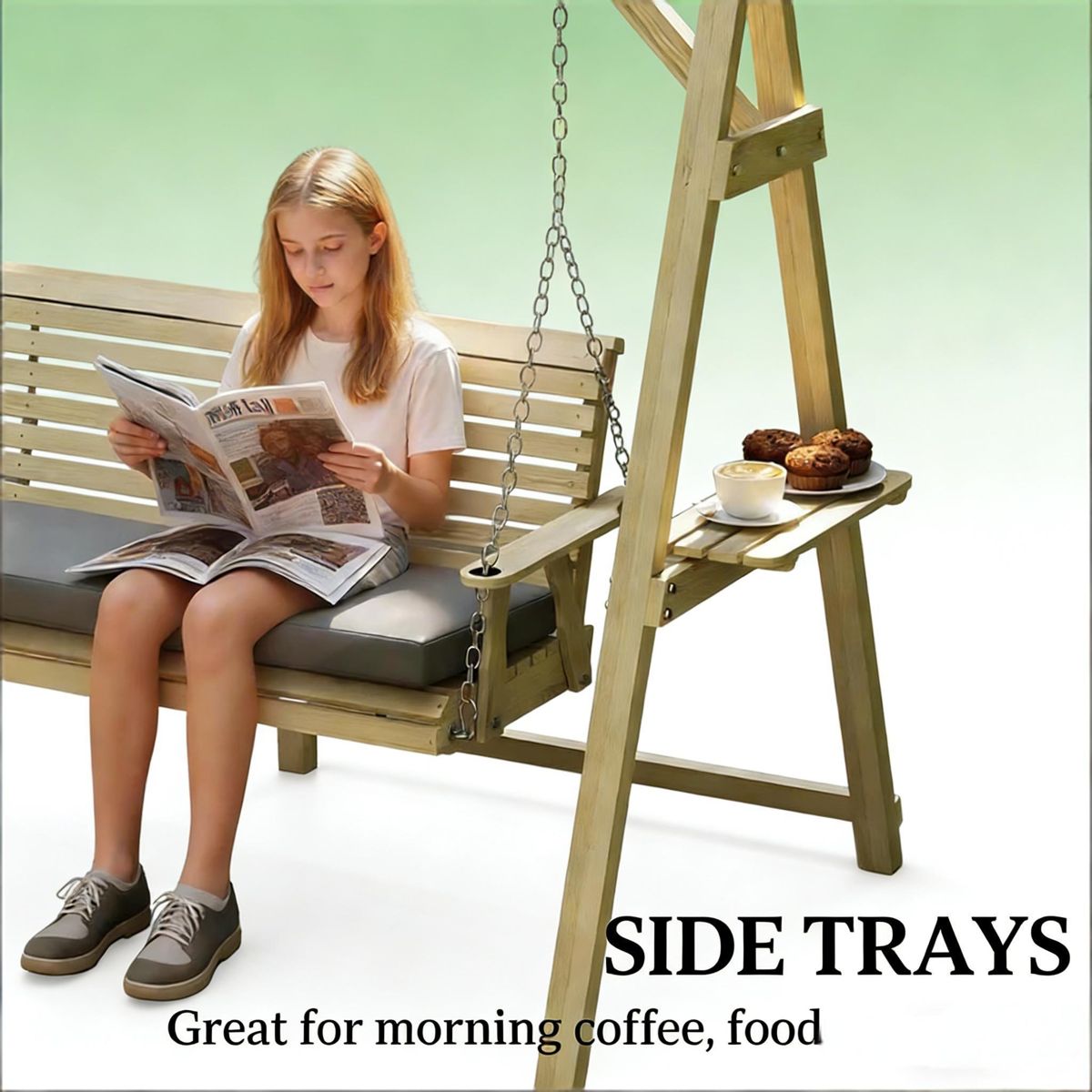 Wooden Porch Swing with Cushion and Side Trays — view 4
