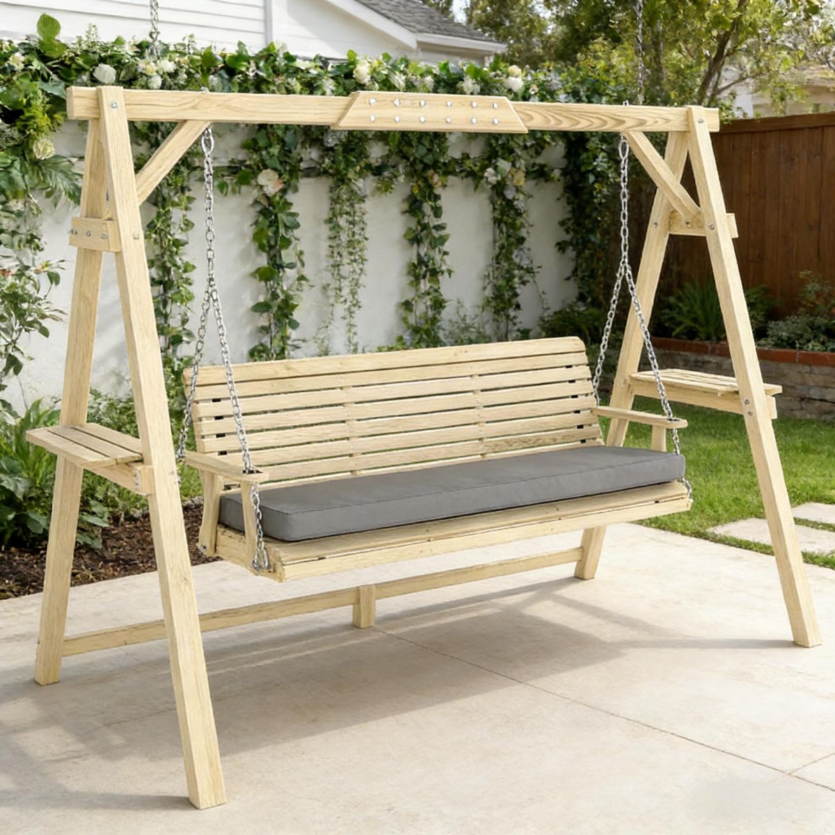 Wooden Porch Swing with Cushion and Side Trays