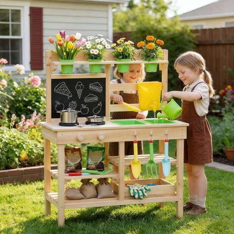 Mud Kitchen with Planting Cups and Dual Sinks