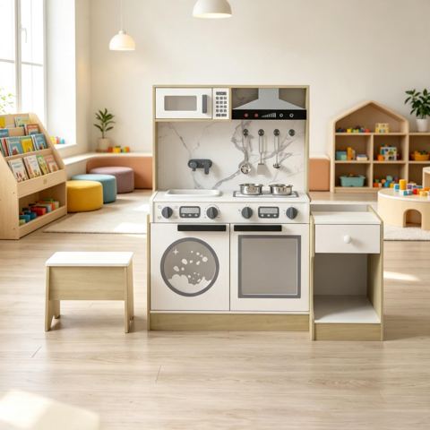 Play Kitchen with Laundry and Side Cabinet
