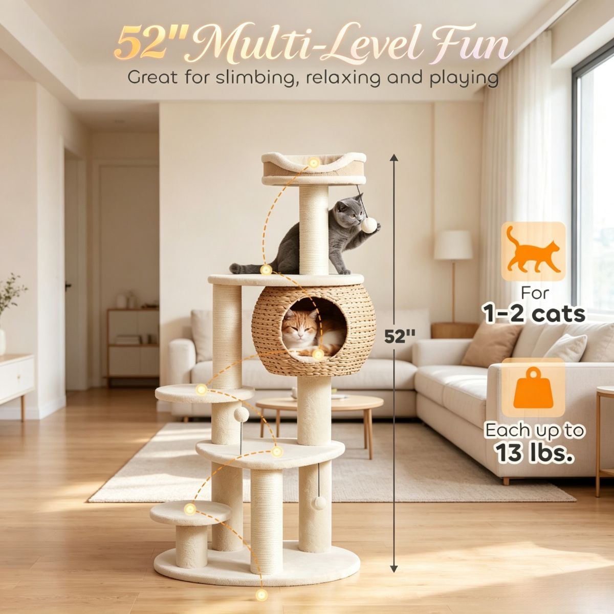 52-Inch Cat Tree with Woven Cattail Condo — view 4