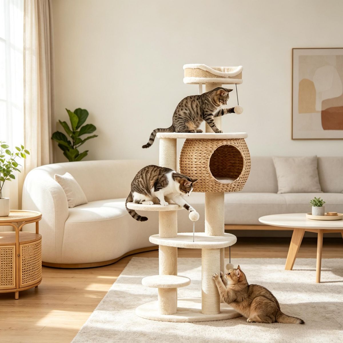 52-Inch Cat Tree with Woven Cattail Condo