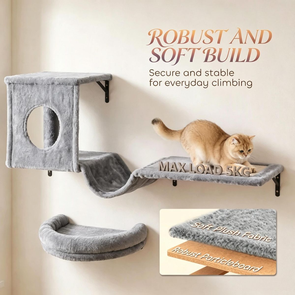3-in-1 Cat Wall Shelves with Condo and Hammock — view 3