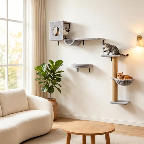 3-in-1 Cat Wall Shelves with Condo and Hammock