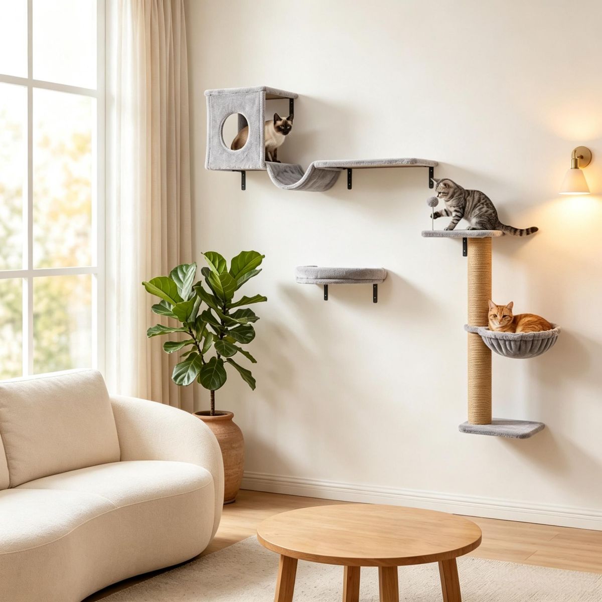 3-in-1 Cat Wall Shelves with Condo and Hammock