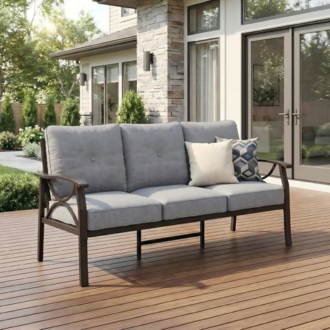 Three-Seat Metal Patio Sofa with Cushions
