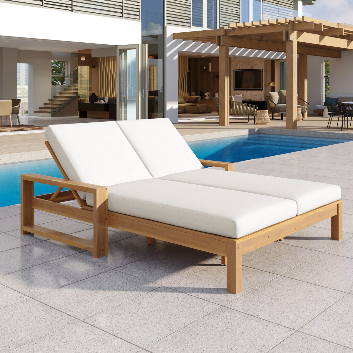 Wood Double Chaise Lounge with Cushions