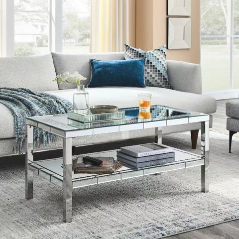 Two-Tier Mirrored Coffee Table with Steel Legs