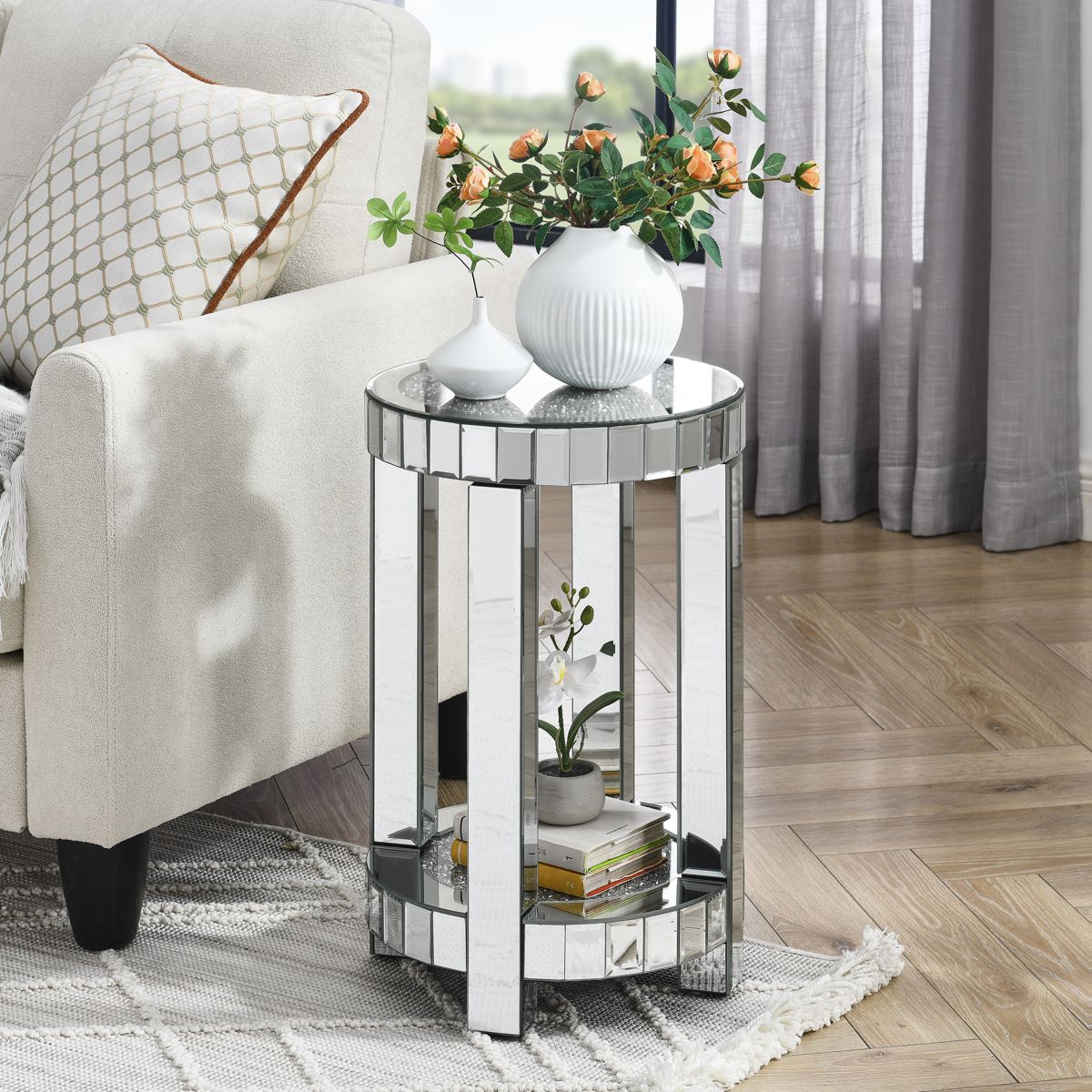 Round Two-Tier Mirrored End Table