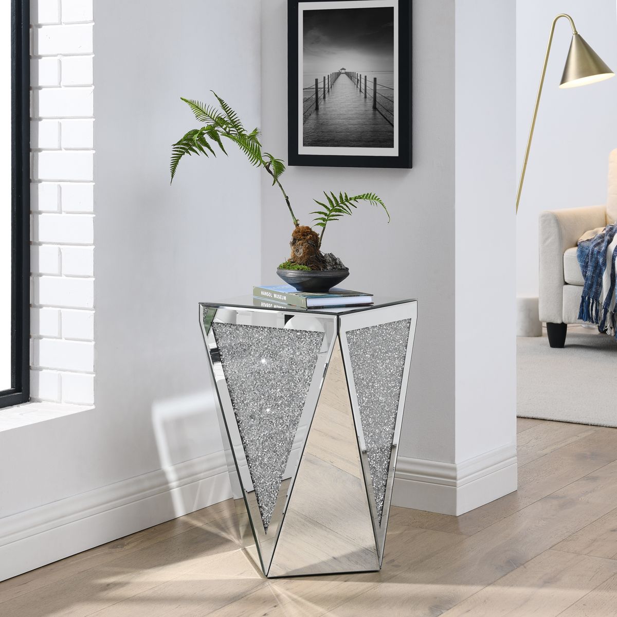 Inverted-Triangle Mirrored Side Table