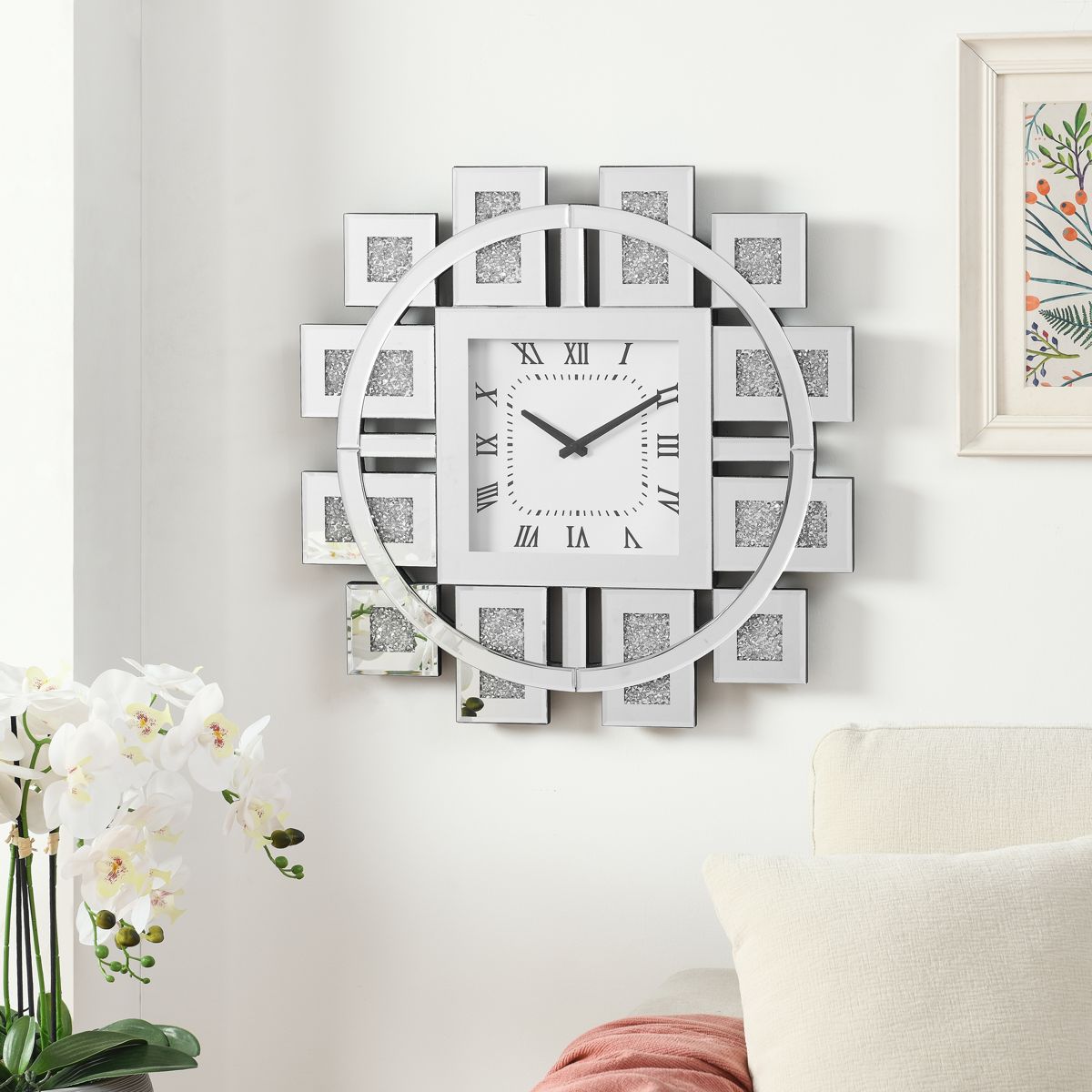 24-Inch Mirrored Wall Clock with Faux Gemstones