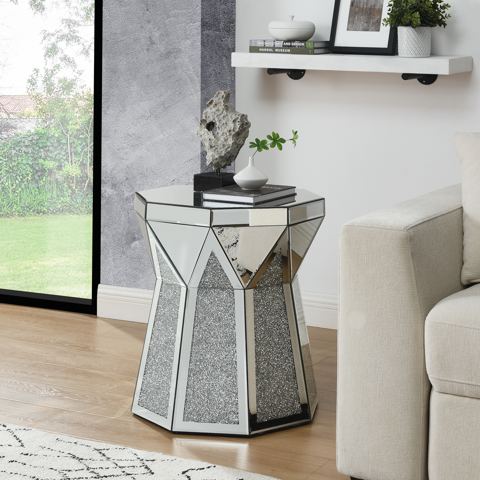 Faceted Mirrored Drum Table with Crystal Inlay