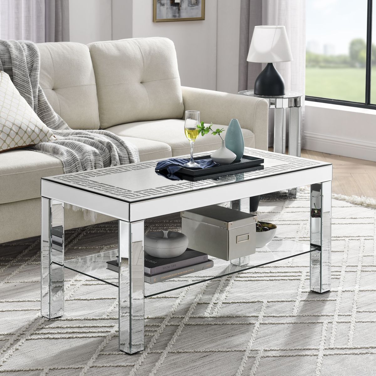 Art Deco Mirror Coffee Table with Curved Border