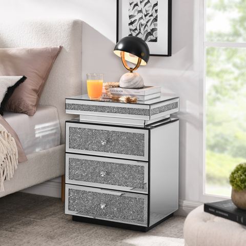 Geometric Mirrored Nightstand with Crystal Inlay
