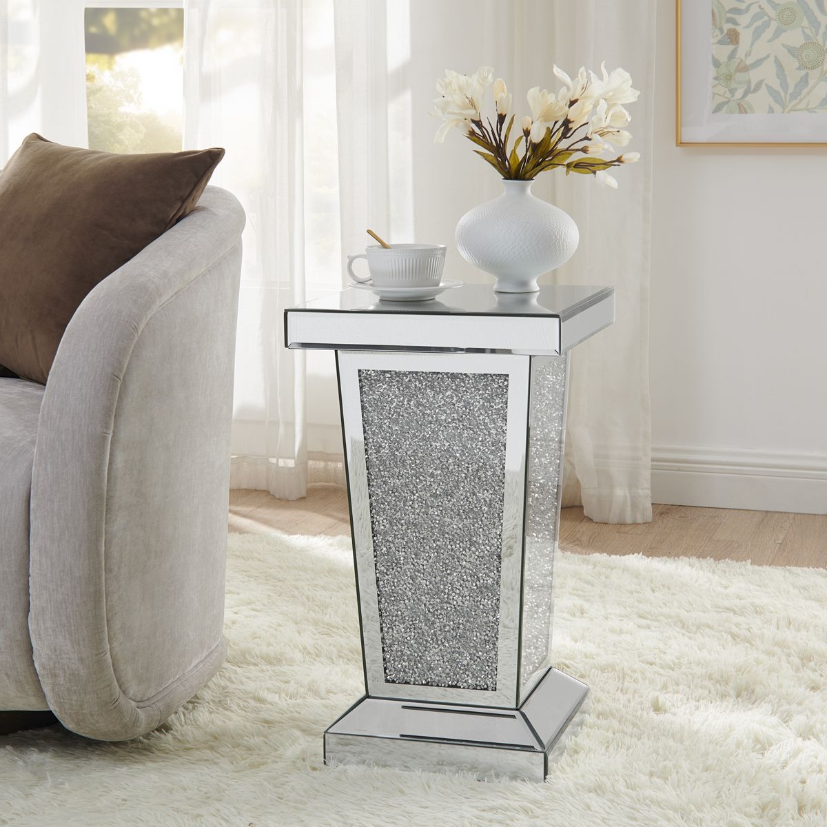 Square Mirrored End Table with Inlaid Top