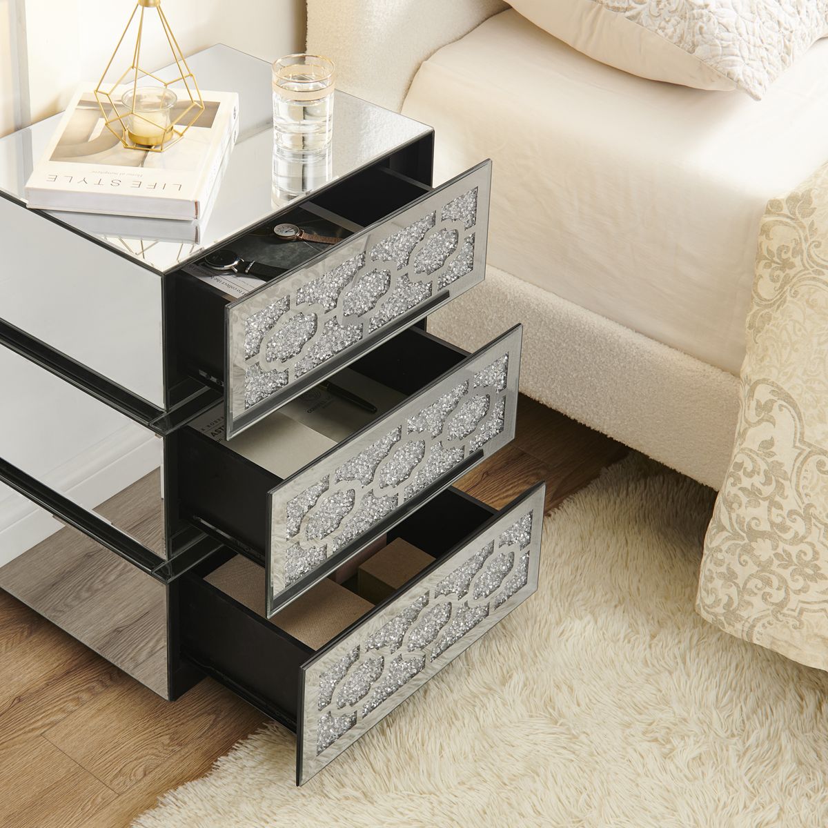 Crushed Diamond Mirrored Nightstand — view 4